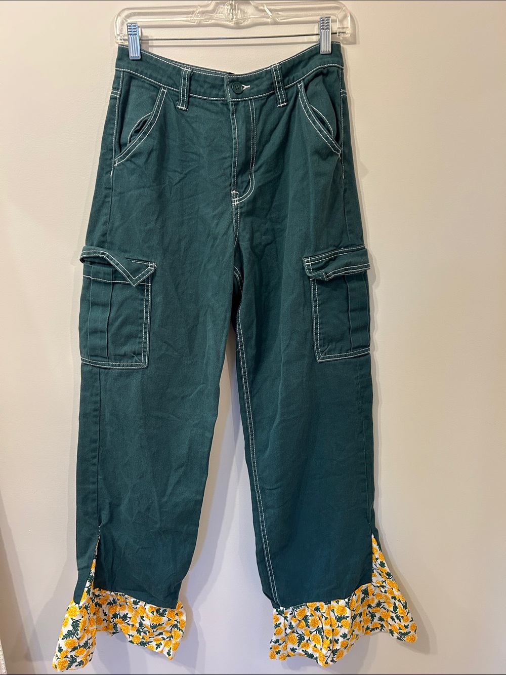 Divided Women's Teal Cargo Jeans with Yellow Floral Ruffle Hem